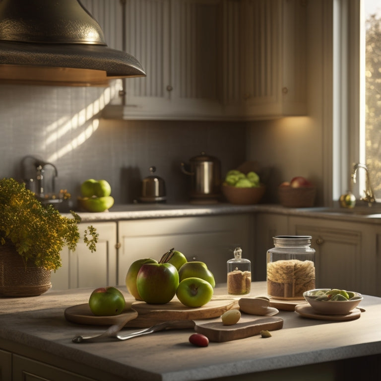 A serene kitchen with a tidy island, a few strategically placed utensils, and a single, perfectly ripe apple on the counter, surrounded by warm, golden lighting and subtle, calming shadows.