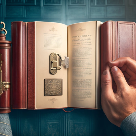 A minimalist illustration of a person holding a key, unlocking a large, old-fashioned leather-bound book with a digital tablet and a few scattered papers in the background, surrounded by subtle lock and key patterns.