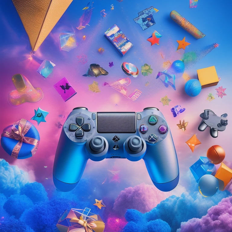 A vibrant, futuristic illustration featuring a PlayStation controller surrounded by swirling clouds of colorful video game characters, with shimmering gift cards and confetti in the background.