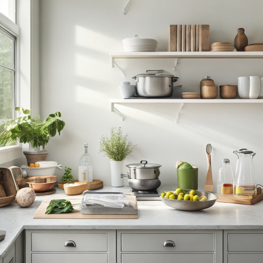 A serene kitchen with minimalist decor, a few sleek cookbooks on a shelf, a tidy utensil organizer, and a laptop open to a cooking course website on a clutter-free countertop.