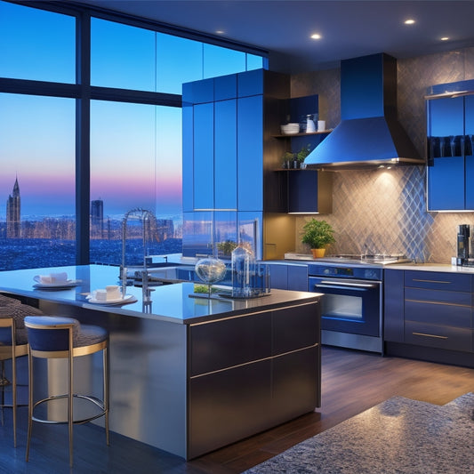A modern kitchen with sleek, high-gloss cabinets, a large island with built-in cooktop, and a backsplash featuring a geometric pattern of digital screens displaying a cityscape at dusk.