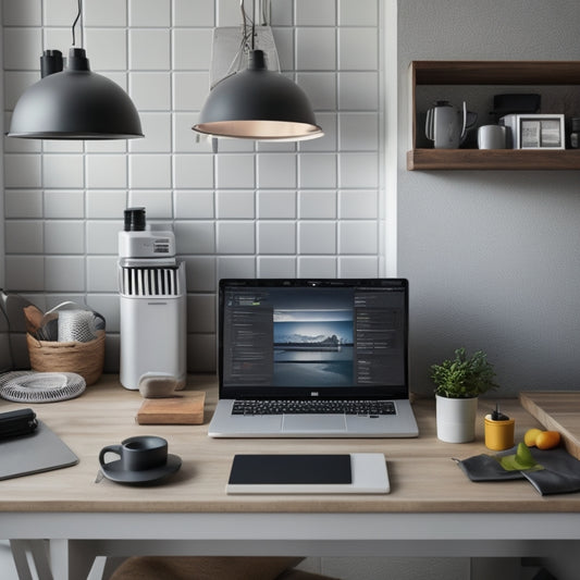 A clean and organized digital kitchen workspace with a sleek laptop, a tidy cable management system, and a few carefully arranged folders on a minimalist desktop background.