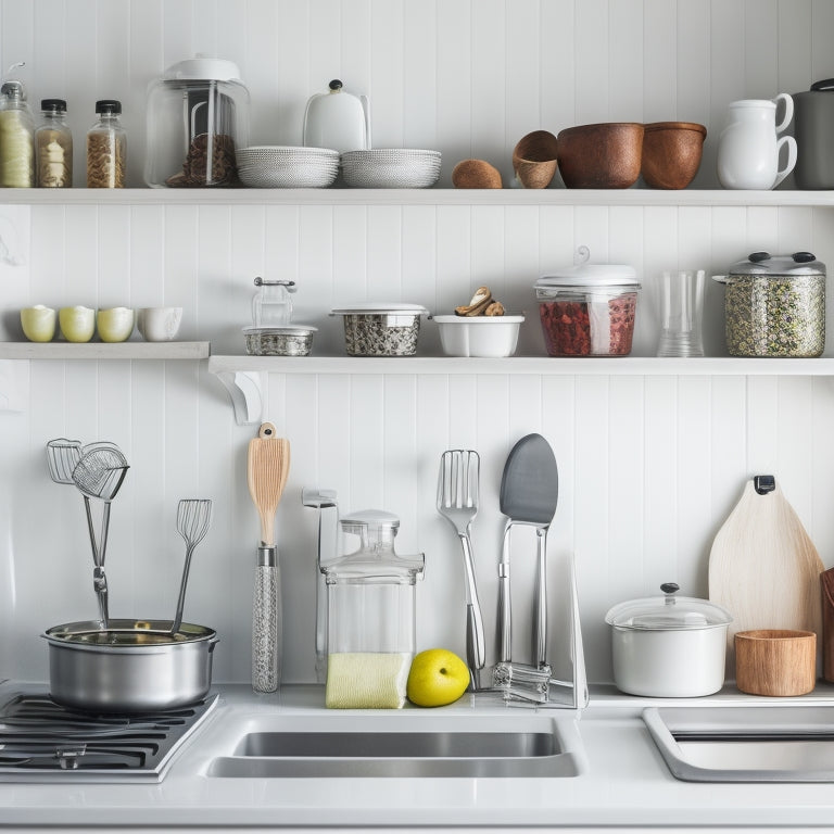 A tidy, modern kitchen with a mix of 10 essential organization tools, including a utensil organizer, spice rack, and knife block, against a clean white background.