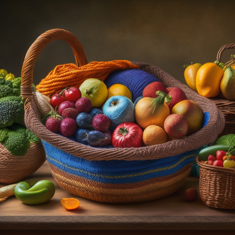 A colorful still life featuring a wicker basket overflowing with fresh fruits and vegetables, surrounded by balls of earthy-toned yarn and a partially crocheted produce bag with a wooden crochet hook.