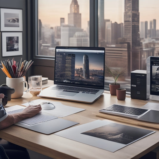 A minimalist illustration of a person sitting at a desk, surrounded by design software, a laptop, and print-on-demand products such as t-shirts, mugs, and phone cases, with a subtle cityscape background.