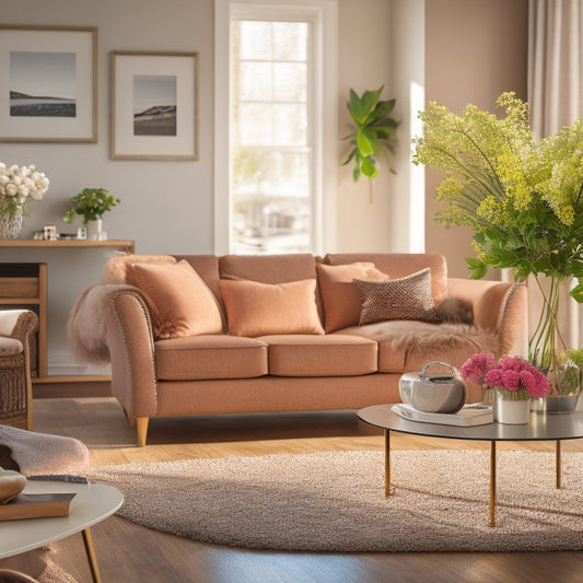 A bright, modern living room with a sold sign on the coffee table, surrounded by neatly arranged furniture, flowers, and a few packed boxes, with a subtle warm glow and a sense of cleanliness.