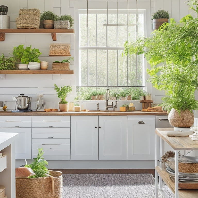 A bright, modern kitchen with sleek white cabinets, reclaimed wood open shelving, and industrial-style metal brackets, showcasing a curated selection of cookbooks, vintage dinnerware, and potted greenery.