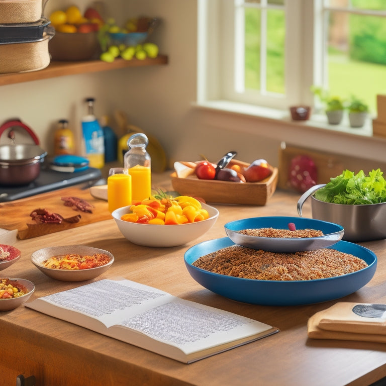 A cluttered kitchen counter with scattered cookbooks, recipe printouts, and utensils, transformed into an organized space with a utensil holder, recipe binder, and a digital tablet displaying a meal planning app.