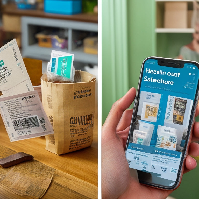 A split-screen image featuring a person holding a smartphone with a digital coupon on the screen, alongside a person surrounded by scattered paper coupons and a overflowing coupon binder.