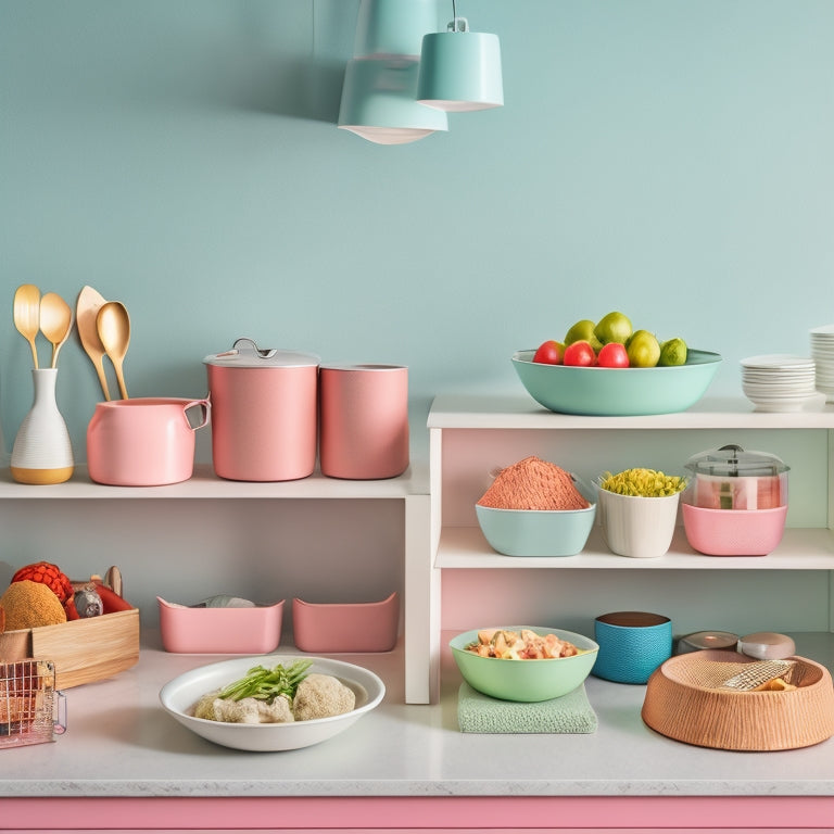 A clutter-free kitchen counter with a small, sleek utensil organizer, a compact spice rack, a tiny trash can, and a stack of neatly arranged plates and bowls, all in a calming, pastel color palette.