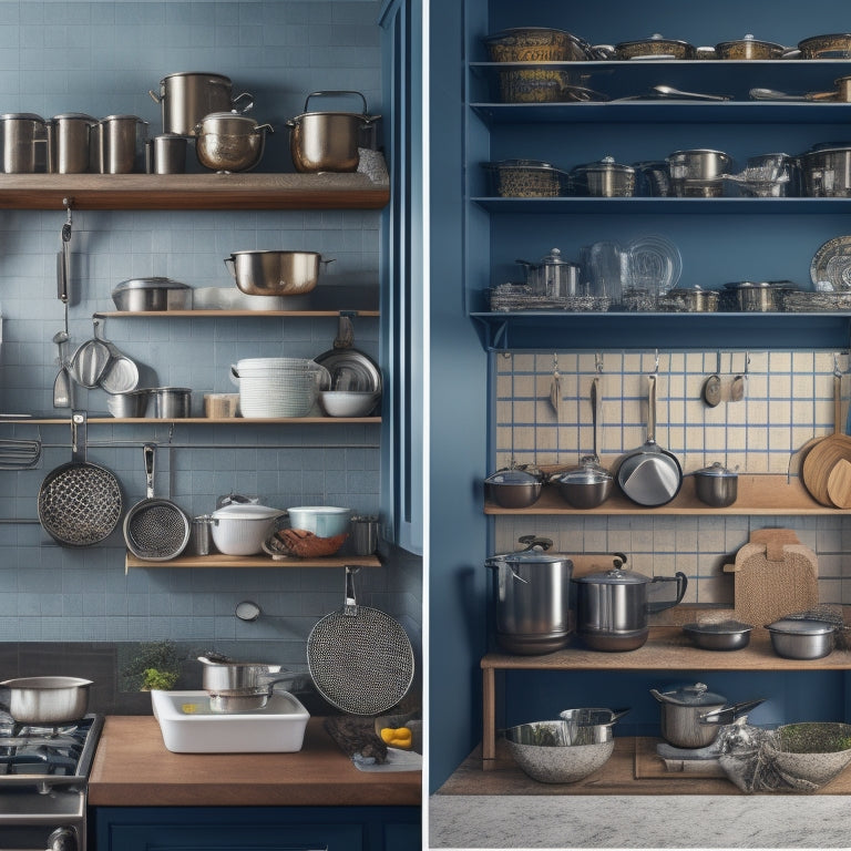 A cluttered kitchen with pots and pans stacked haphazardly, then a transformative split-screen reveal of the same space with cookware organized using vertical dividers, hooks, and a pegboard.