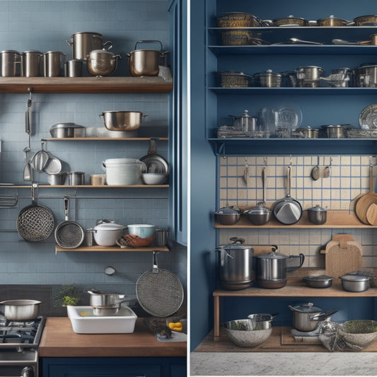 A cluttered kitchen with pots and pans stacked haphazardly, then a transformative split-screen reveal of the same space with cookware organized using vertical dividers, hooks, and a pegboard.