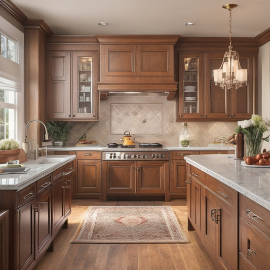 A beautifully styled kitchen featuring custom cabinetry with soft-close drawers, ornate hardware, and a mix of glass and wood doors in a warm, honey-brown finish, set against a backdrop of creamy white walls and dark hardwood floors.