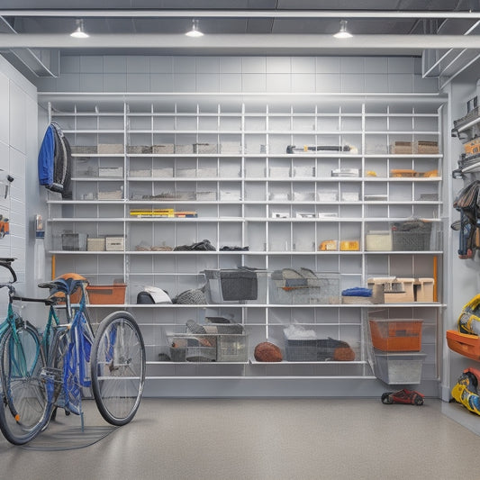 A well-organized garage with a sleek, silver pegboard adorned with neatly hung bicycles, tools, and accessories, surrounded by floor-to-ceiling shelves storing labeled bins and baskets.