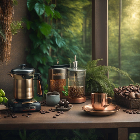 A warm, golden-lit coffee nook with a sleek, copper-accented Moccamaster brewer as the centerpiece, surrounded by lush greenery, rich wood tones, and a few carefully placed coffee beans.