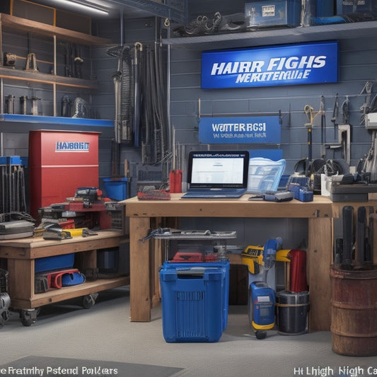 A clutter-free workbench with a tablet displaying the Harbor Freight website, surrounded by tools, gears, and machinery parts, with a few replacement parts packaged and labeled nearby.