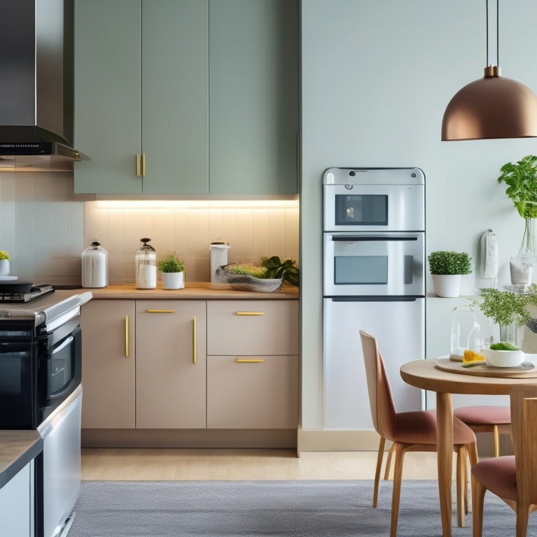 A serene kitchen with a minimalist aesthetic, featuring a clutter-free countertop, a few sleek appliances, and a single, elegant smartphone displaying a decluttering app's interface on its screen.