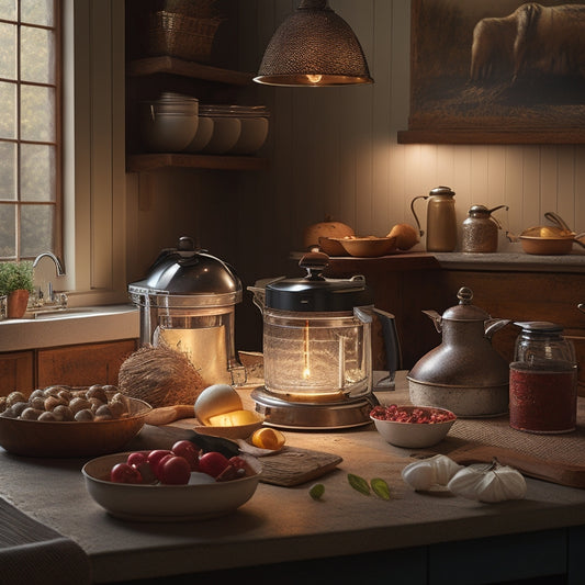 A dimly lit, rustic-style kitchen with a vintage Kenwood mixer centerpiece, surrounded by scattered manual pages, utensils, and a few scattered ingredients, with a single, warm spotlight shining down.