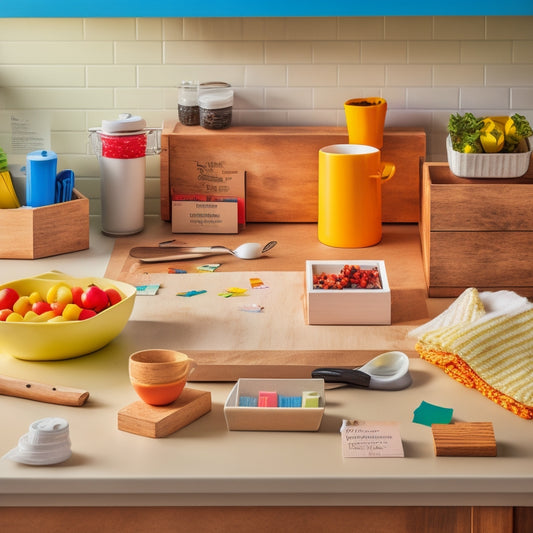 A tidy kitchen countertop with a few strategically placed planning tools: a wooden recipe box, a white ceramic utensil holder, and a set of colorful sticky notes on a corkboard.