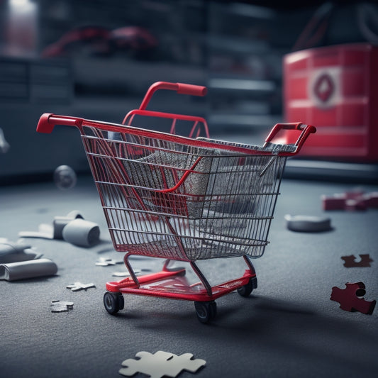 A broken shopping cart with a cracked screen and a red "X" symbol over it, surrounded by scattered puzzle pieces and a subtle background of blurred computer screens and wires.