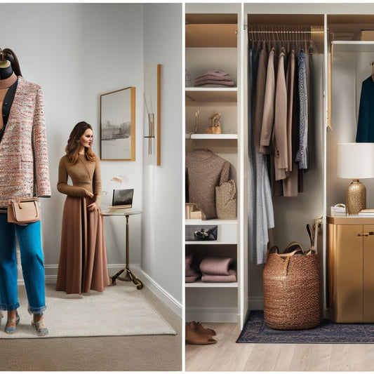 A split-screen image featuring a stylish, organized closet with a laptop open to Poshmark on the left, and a fashionable person taking a photo of an outfit in a trendy room on the right.