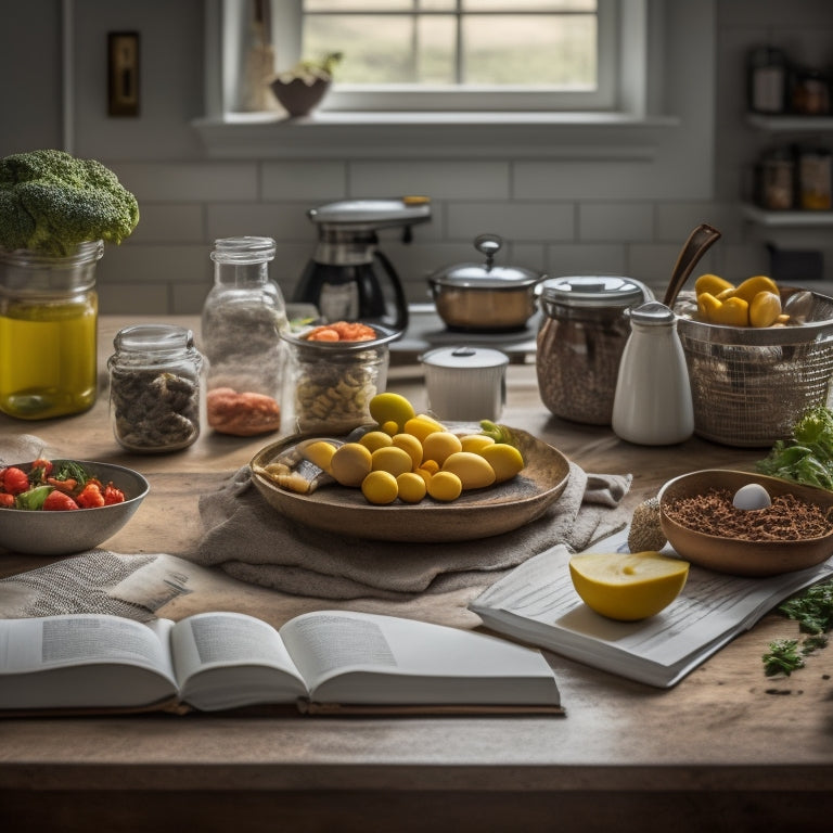 A kitchen counter cluttered with keto diet books, scattered recipes, and a crumbling whiteboard with scribbled meal ideas, surrounded by a few scattered vegetables and a lone egg.