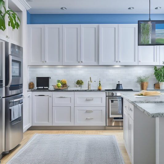 A serene, modern kitchen with sleek countertops, a few strategically-placed appliances, and a tablet mounted on the wall, displaying a digital recipe and a tidy virtual pantry.