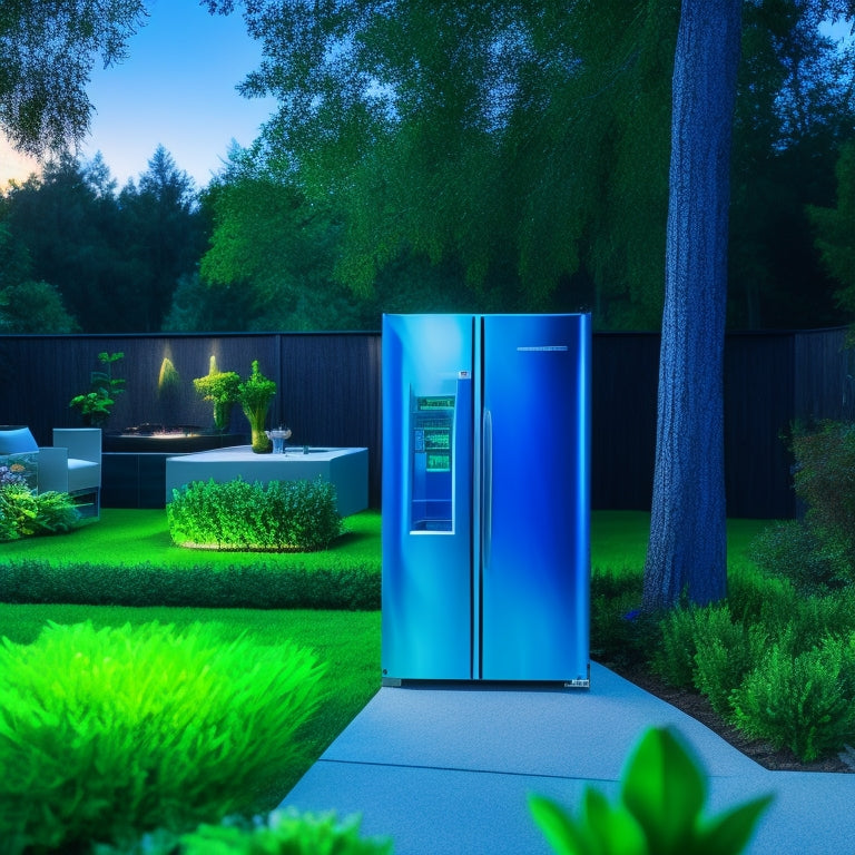 A modern outdoor refrigerator with a sleek, stainless steel door and a futuristic LED control panel displaying a vibrant blue glow, set against a warm, sunny backyard patio with lush greenery.