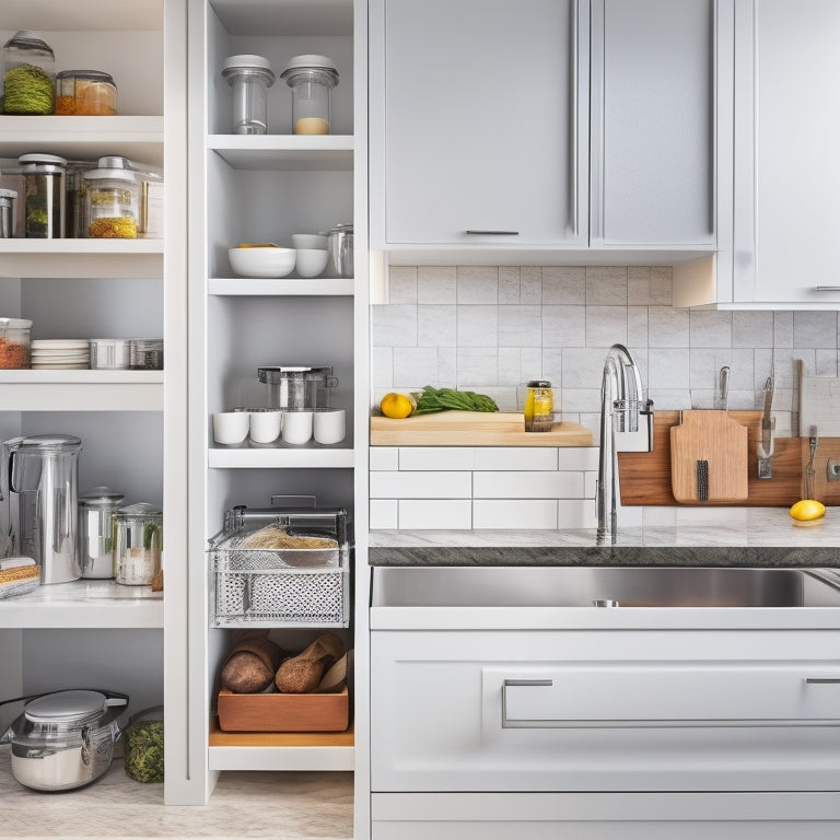 A bright, modern kitchen with sleek white countertops, featuring a utensil organizer attached to the side of a cabinet, a tiered spice rack, and a pull-out drawer with dividers for cookware storage.