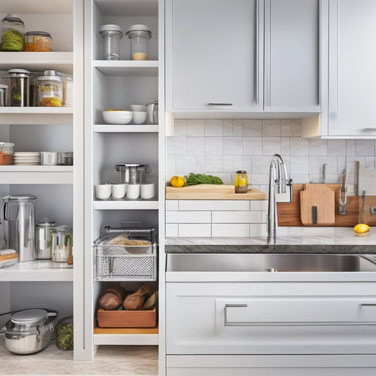 A bright, modern kitchen with sleek white countertops, featuring a utensil organizer attached to the side of a cabinet, a tiered spice rack, and a pull-out drawer with dividers for cookware storage.