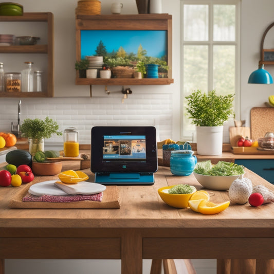 A bright, modern kitchen with a large, wooden island at its center, featuring a tablet propped against a stand, surrounded by colorful, fresh ingredients and a few open cookbooks.