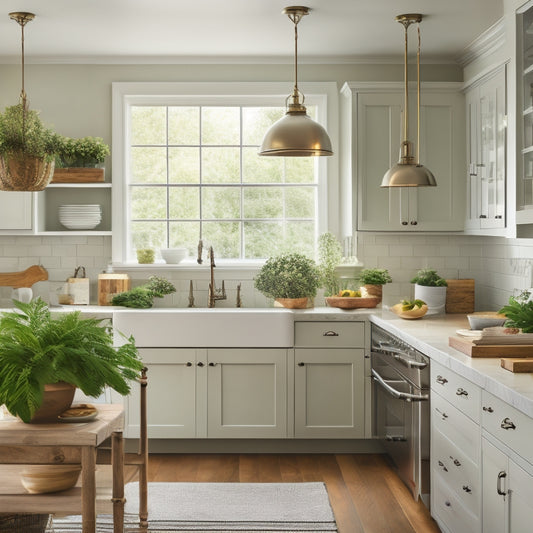 A serene, well-lit kitchen with creamy white cabinets, warm wood floors, and a large central island, featuring a farmhouse sink, pendant lights, and a few strategically placed, lush green plants.
