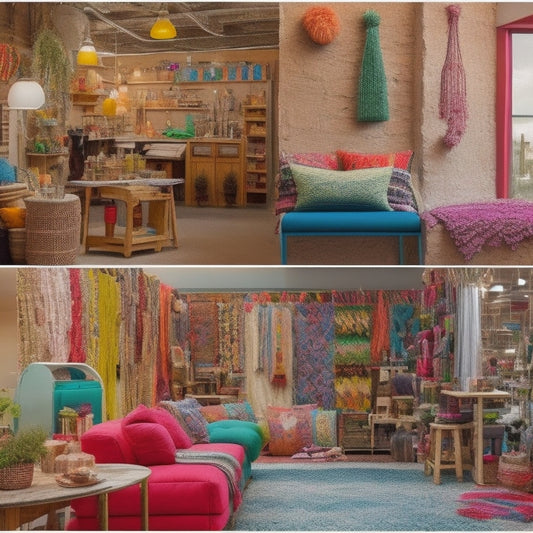 A split-screen image featuring a whimsical, bohemian-inspired craft studio on one side, with vibrant colors, eclectic trinkets, and half-finished handmade items, and a sleek, modern warehouse on the other, with rows of identical, mass-produced products.