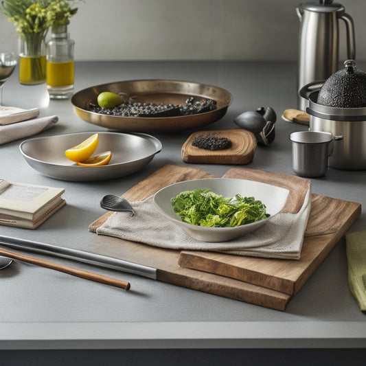 A tidy kitchen counter with a few, carefully arranged, essential tools: a stainless steel utensil organizer, a wooden cutting board, a kitchen scale, and a few sleek, modern cookbooks.