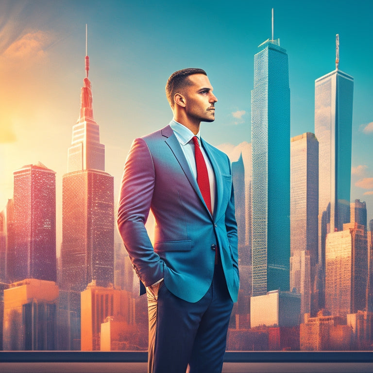 A stylized illustration of a confident businessperson standing in front of a cityscape, with a subtle real estate background (buildings, keys, etc.), radiating leadership and success, with bold colors and dynamic lines.