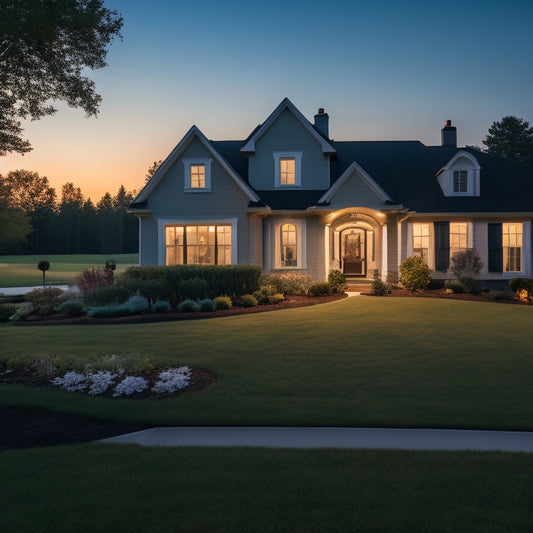 A serene suburban home at dusk with warm outdoor lighting, surrounded by a well-manicured lawn and a "For Sale" sign, with a subtle hint of a security camera in the corner.