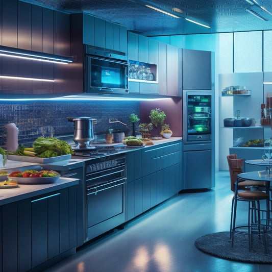 A futuristic kitchen with sleek, metallic robots efficiently preparing meals alongside humans, amidst a backdrop of holographic recipe displays, 3D food printers, and vertical farming systems.
