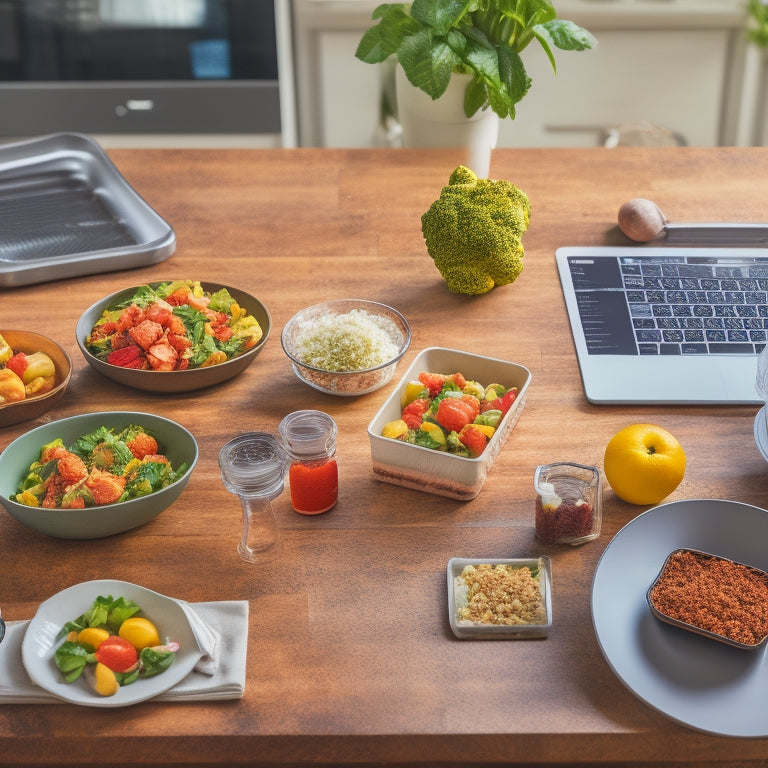 A tidy kitchen counter with a laptop, meal prep containers, and a few fresh vegetables, surrounded by a faint grid of digital recipe cards and calendars on the screen.