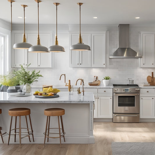 A bright, modern kitchen with various cabinetry styles: white Shaker, gray flat-panel, and warm wood-tone, alongside a beautifully styled island, pendant lighting, and a few decorative accessories.