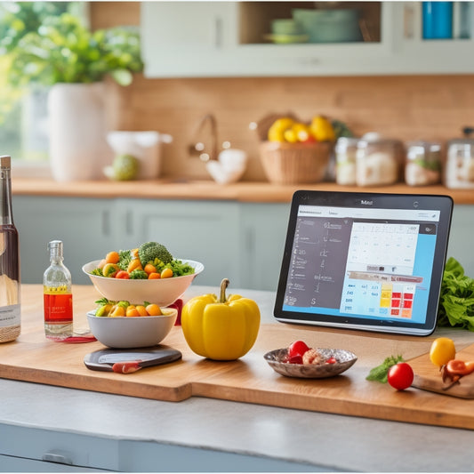 A tidy kitchen counter with a few healthy ingredients, a tablet displaying a calendar-based meal planning interface, and a few cookbooks neatly stacked in the background, surrounded by minimal decor.