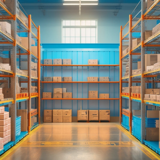 A minimalist illustration of a factory or warehouse with neatly organized shelves, a few boxes with open lids revealing quality control checkmarks, and a subtle background grid of interconnected gears.