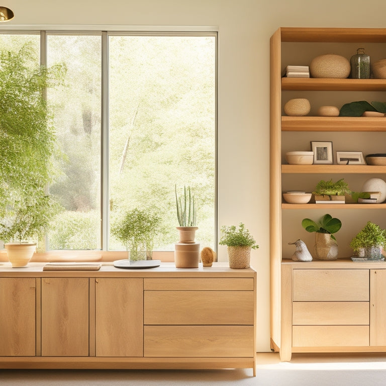 A serene, modern Healdsburg home interior with custom-built shelving, cabinets, and drawers in a natural wood tone, flooded with warm sunlight, and adorned with lush greenery and minimalist decor.