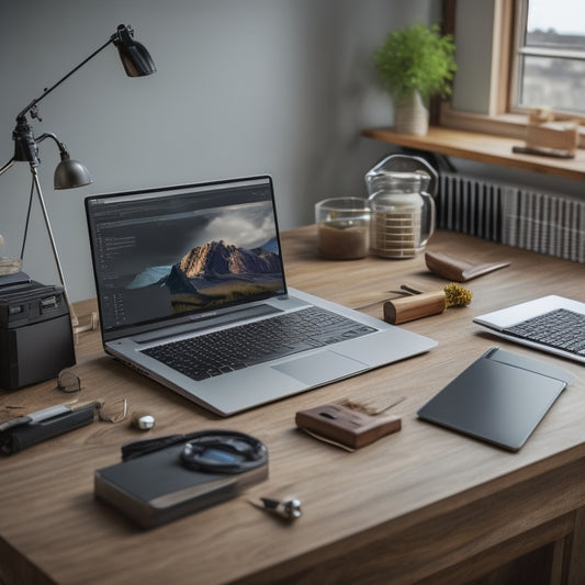 A modern, sleek laptop sits on a minimalist wooden desk, surrounded by neatly organized papers and a few scattered screws, with a partially disassembled appliance in the background.