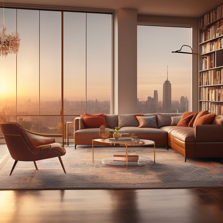 A serene, modern living room with a minimalist couch, a floor-to-ceiling bookshelf, a vintage rug, and a large window with a cityscape view at sunset.