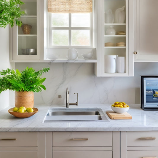 A minimalist kitchen with sleek white cabinets, a marble countertop, and a stainless steel sink, featuring a tablet displaying a digital bookshelf with kitchen design and organization e-books.