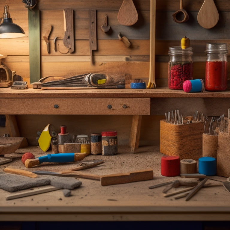 A wooden workshop background with 15 colorful woodworking project plans pinned to a corkboard, surrounded by scattered woodworking tools and a few wooden planks with a hint of a workbench in the distance.