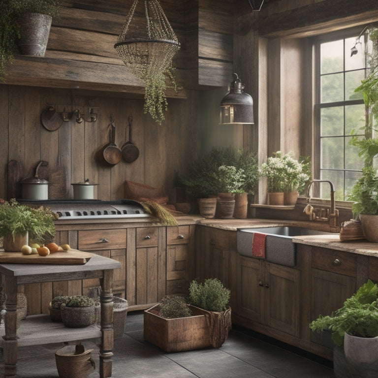 A warm and inviting farmhouse kitchen scene with a rustic wooden island, vintage metal pendant lights, and a large stone apron-front sink, surrounded by potted greenery and distressed wood shelves.