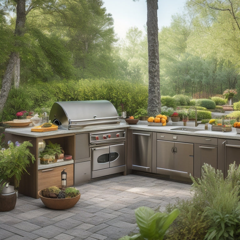 A serene outdoor kitchen with a large, L-shaped island featuring built-in cabinets, drawers, and a grill, surrounded by lush greenery, with a few outdoor utensils and decorative accents.