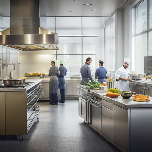 A sleek, modern commercial kitchen with a stainless steel self-cleaning fryer at its center, surrounded by bustling chefs, with gleaming utensils and spotless countertops, amidst a warm, golden lighting.