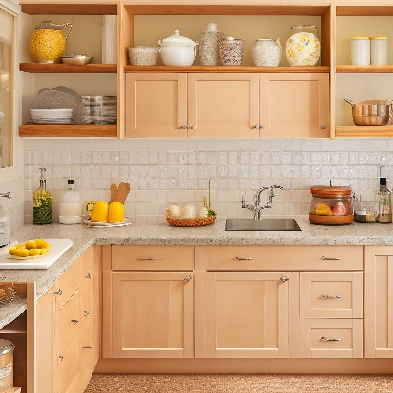 An organized kitchen with a senior-friendly layout: a U-shaped countertop with built-in utensil organizers, a pull-out pantry, and a sink with lever handles, set against a warm, beige background.